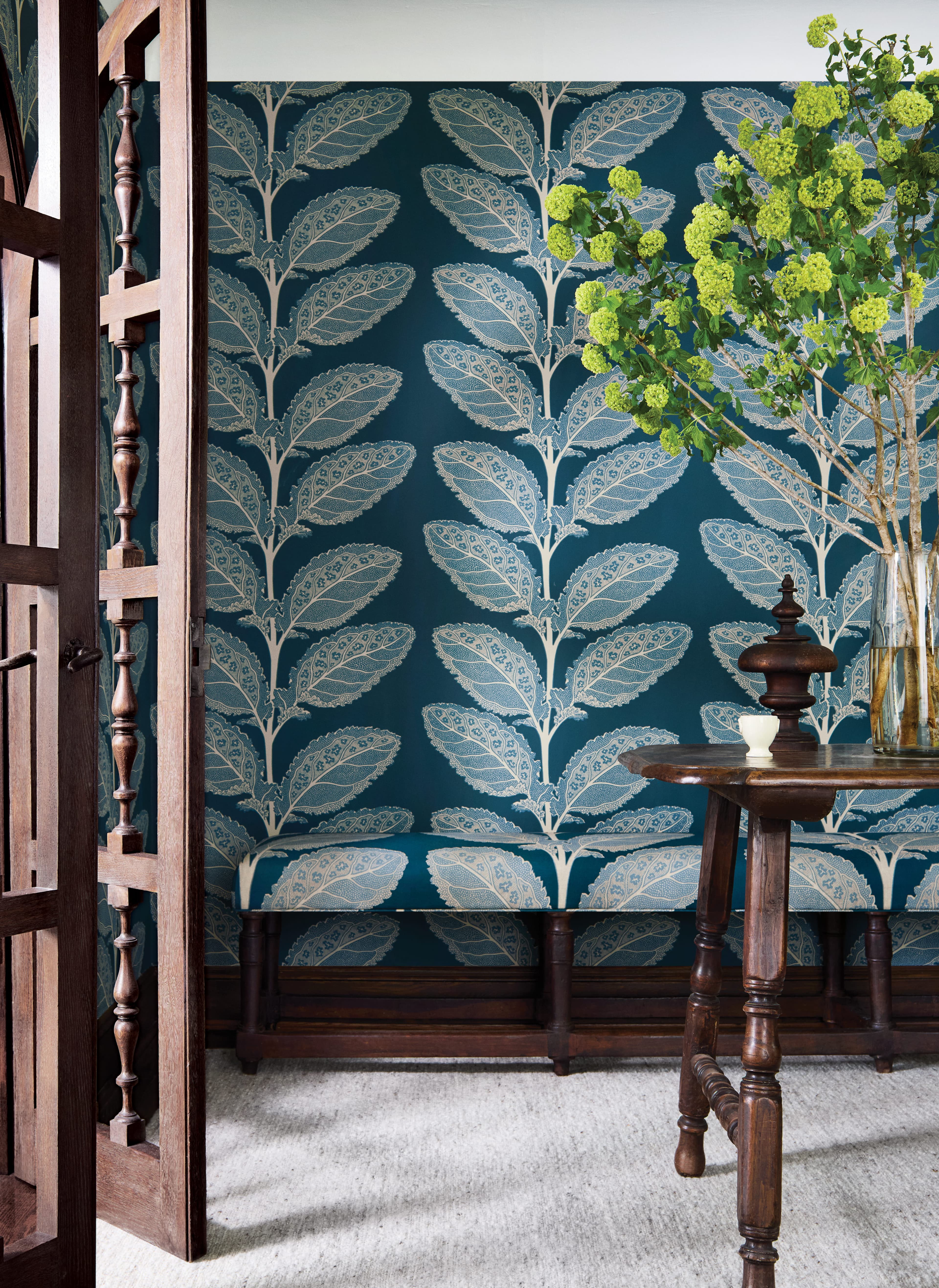 Lacinato wallpaper and fabric in mineral — botanical leaf pattern