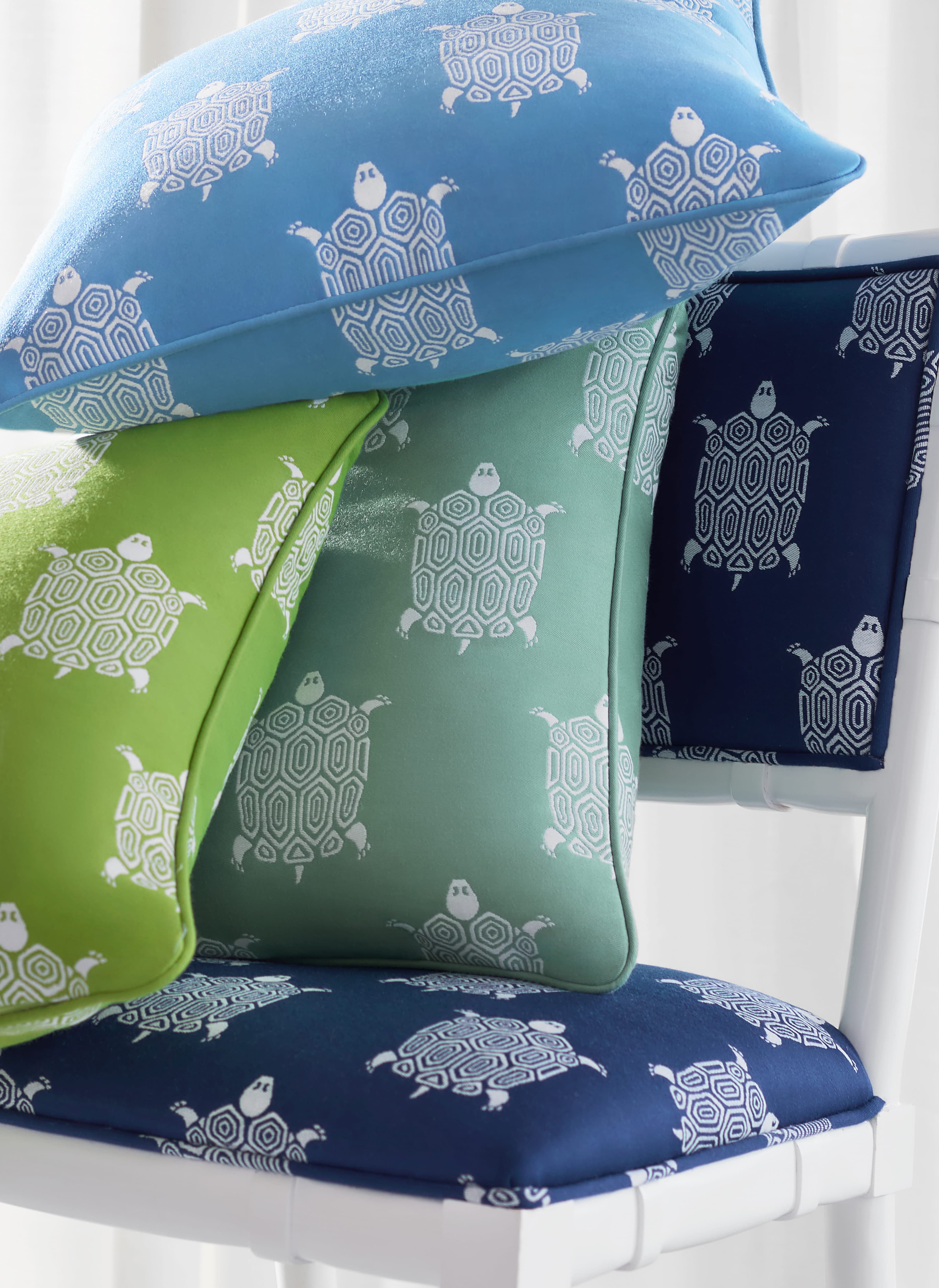 Turtle Bay colour series — blue and green printed pillows