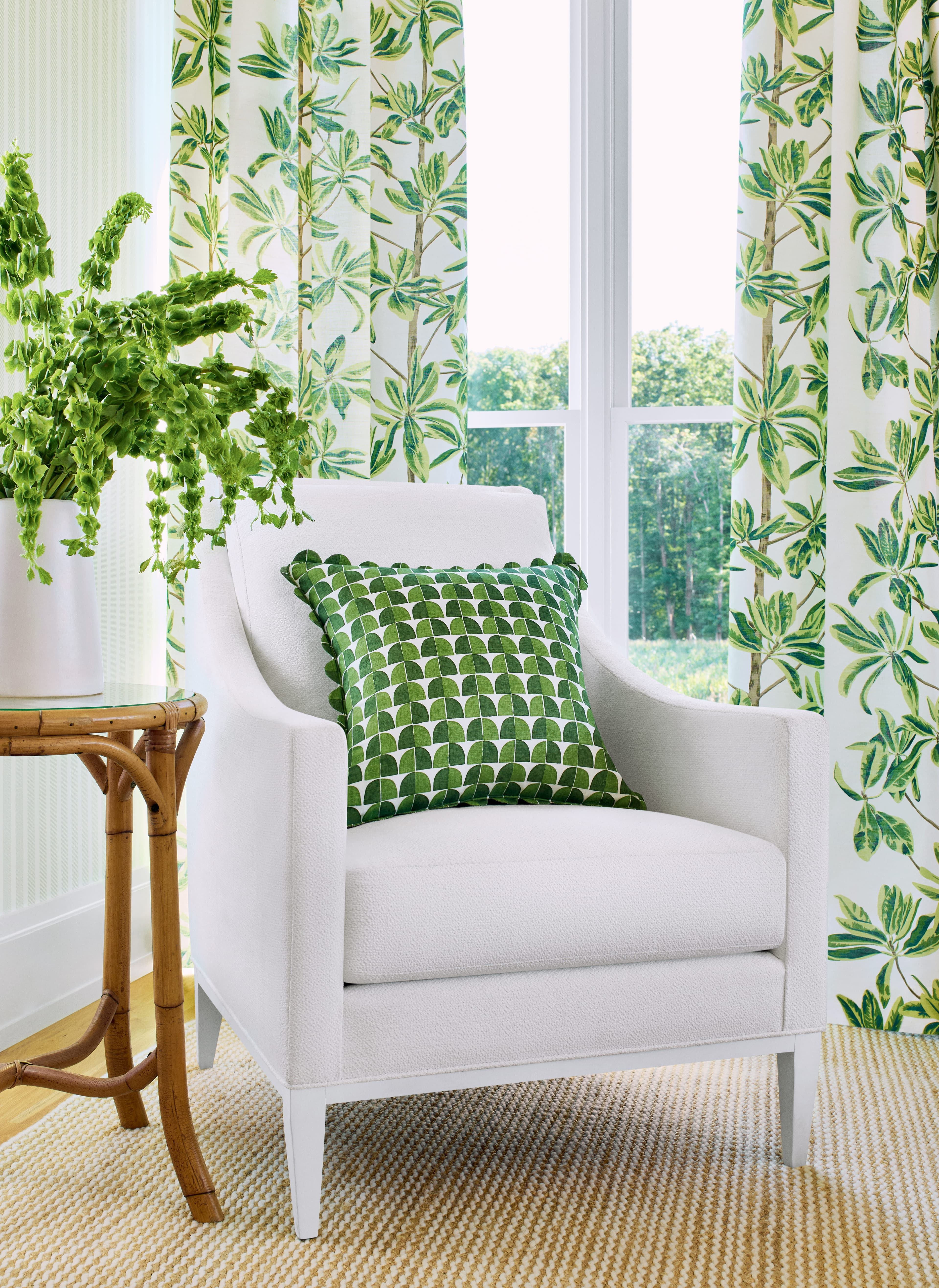 Mangrove Tree fabric in green and white with Railway Stripe wallpaper