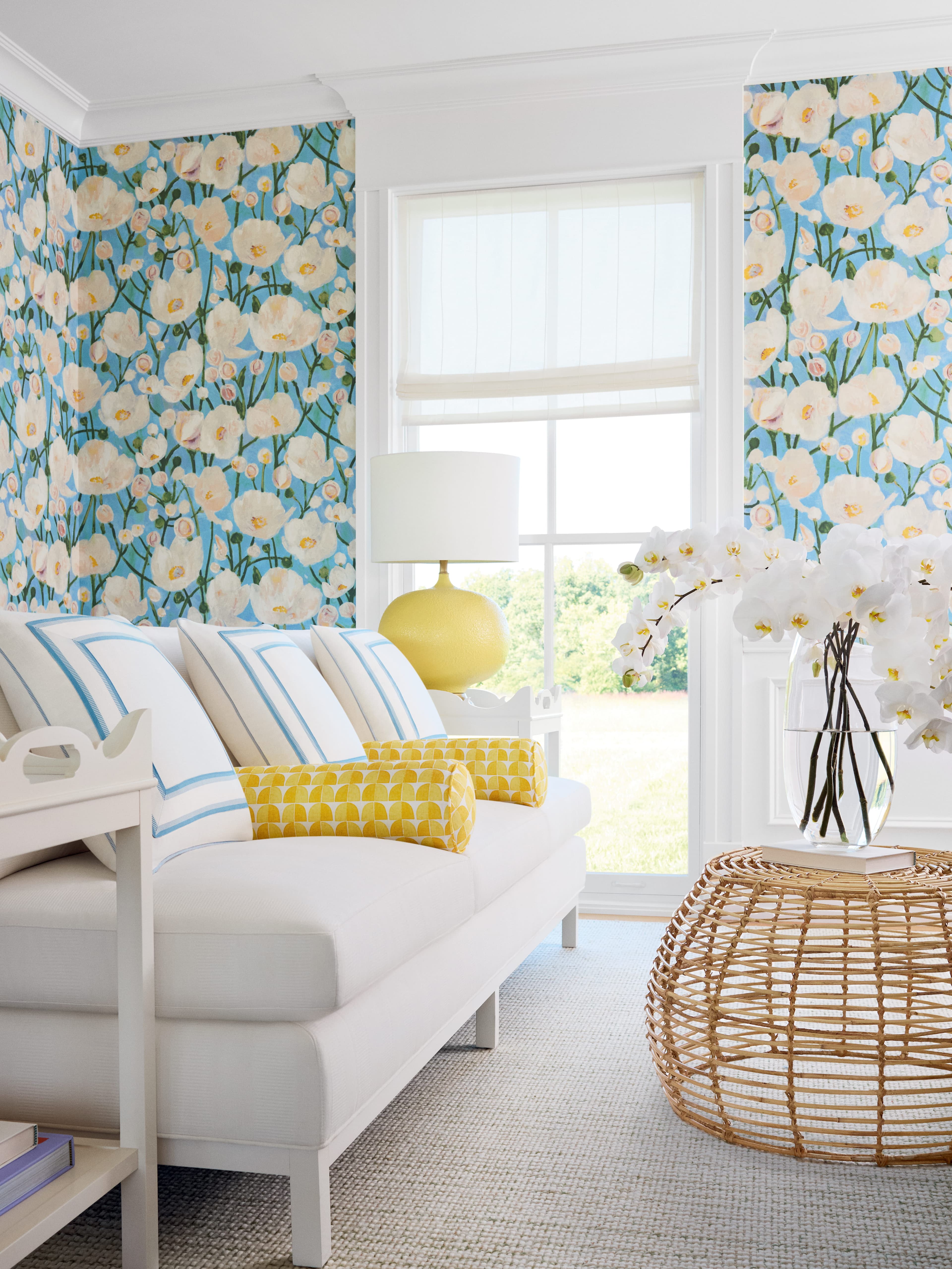 Tivoli wallpaper and Solsbury fabric in sky blue and sunshine yellow