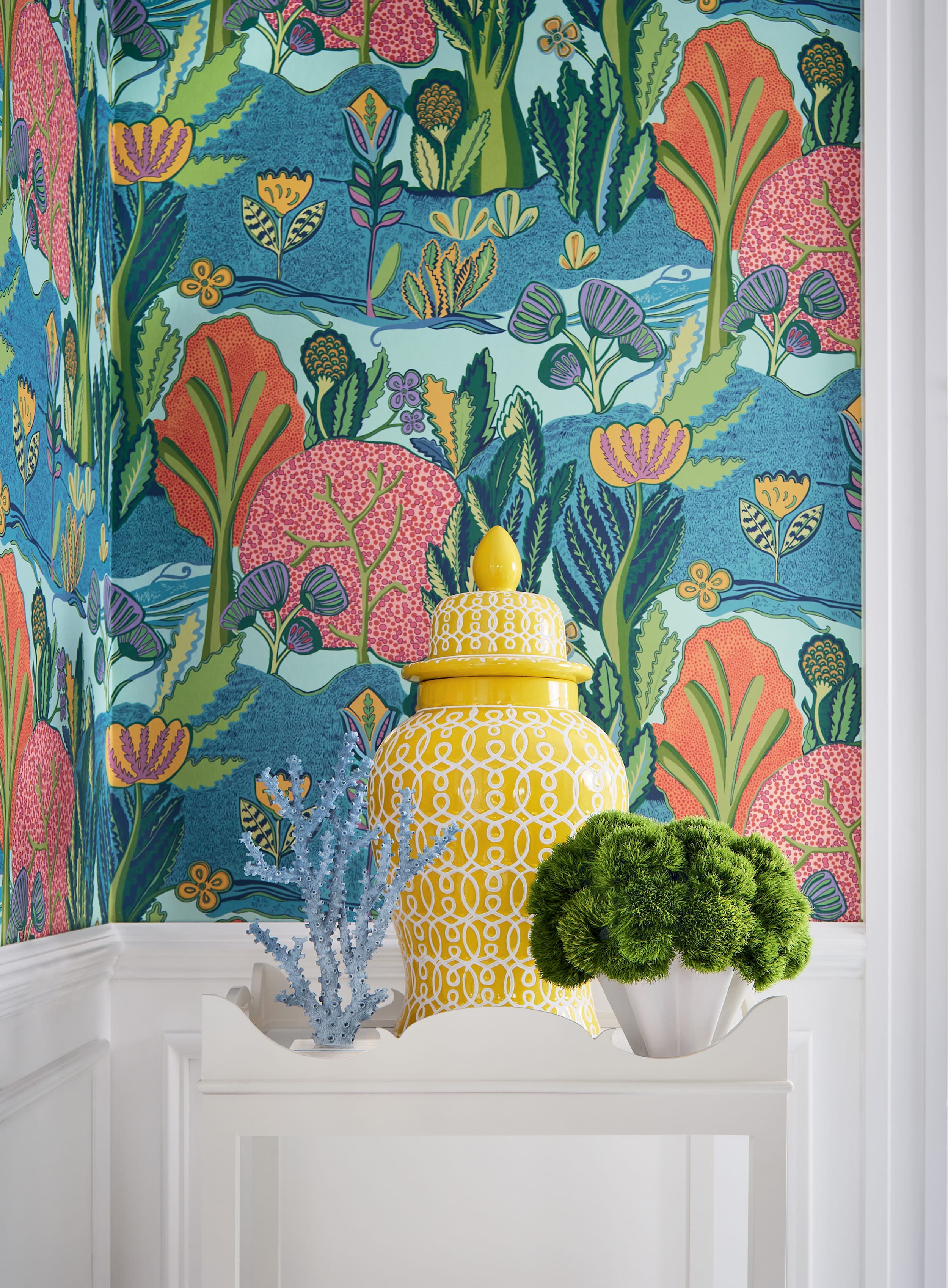 Albero wallpaper detail in tangerine and turquoise